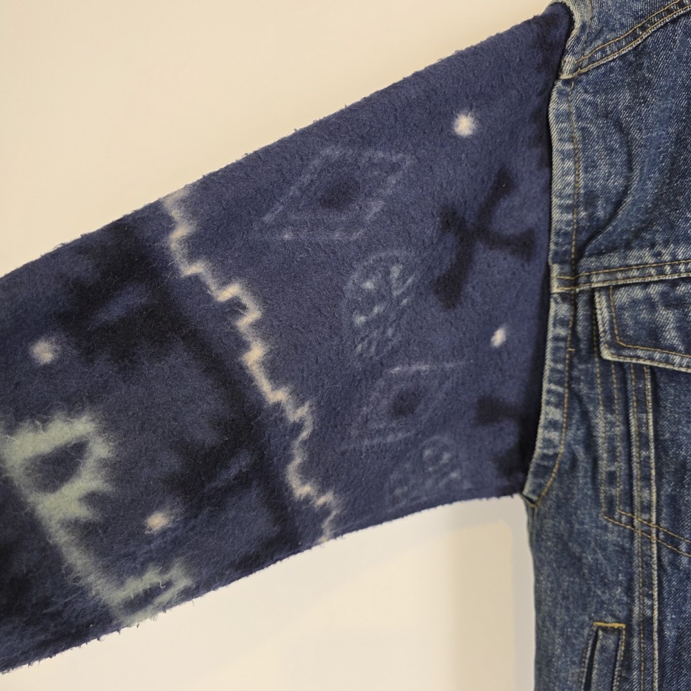 Vintage 90s Bugle Boy Denim Jacket Aztec Fleece Lined Grunge Southwestern Large* - Picture 4 of 12